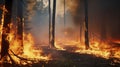 Nature\'s Fierce Display. Fire burning in a pine forest, Generative AI