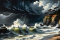 Storm Clouds Gathering Over a Turbulent Sea - Waves Crashing Against Ragged Cliffs, Forked Lightning Royalty Free Stock Photo