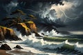 Storm Clouds Gathering Over a Turbulent Sea - Waves Crashing Against Ragged Cliffs, Forked Lightning Royalty Free Stock Photo
