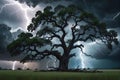 Thunderstorm Raging Above an Ancient Oak Tree - Twisted Branches Silhouetted Against Dark, Tumultuous