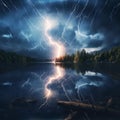 Nature\'s Grand Symphony: Illuminated Serenity by Striking Lightning Over Water