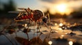 Nature\'s Intricacies: Capturing the Delicate Encounter of a Mosquito Alighting on a Puddle. Generative AI