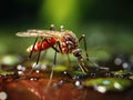 Nature\'s Intricacies: Capturing the Delicate Encounter of a Mosquito Alighting on a Puddle. Generative AI