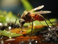 Nature\'s Intricacies: Capturing the Delicate Encounter of a Mosquito Alighting on a Puddle. Generative AI