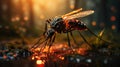 Nature\'s Intricacies: Capturing the Delicate Encounter of a Mosquito Alighting on a Puddle. Generative AI