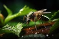 Nature\'s Intricacies: Capturing the Delicate Encounter of a Mosquito Alighting on a Puddle. Generative AI