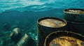 Nature's lament, rusty barrels mar the ocean floor, a testament to human folly.