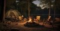 Nature\'s Lounge - A Campsite\'s Warm Embrace with Firelight and Restful Chairs. Generative AI