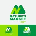 Nature`s market. N and M monogram. Green food logo. Grocery store emblem.