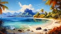 Nature\'s Masterpiece: Oil Painting of a Dreamy Tropical Beach, Teeming with Vegetation and Palms, Blue Waters Royalty Free Stock Photo