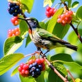 Nature\'s Palette: Unripe Aronia Fruits with a Hummingbird Hovering - A Sunny Summer Day in Nature