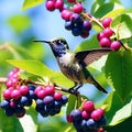 Nature\'s Palette: Unripe Aronia Fruits with a Hummingbird Hovering - A Sunny Summer Day in Nature