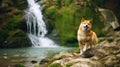 Nature\'s Playground: Shiba Inu Explores a Waterfall.