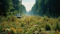 Nature\'s Reclamation: Abandoned Car Amidst Wildflowers on Overgrown Motorway