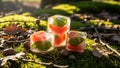 Nature\'s Refreshment: Iced Cubes with Grapefruit and Mint Leaves on Mossy Forest Floor Royalty Free Stock Photo