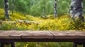 Nature\'s Retreat, Product Placement with an Empty Wood Table Top, Peaceful Forest Landscape, Generative AI