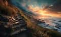 Natures Staircase, Wooden Path to the Peak of a Large Mountain, Generative AI Royalty Free Stock Photo
