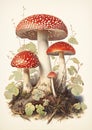 Nature\'s Trio: A Colorful Gouache Illustration of Three Mushroom