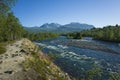 Nature of Scandinavia in summer. Hiking trail lays along Abiskojokk river in Abisko National Park