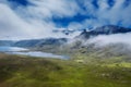 Nature scene in Connemara. Lake and green fields by a tall mountain covered with beautiful cloudy sky. Aerial view. Ireland, Irish