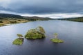 Nature scene in Connemara with lake and small islands, Ireland. Irish landscape scene. Travel and tourism area. Aerial view