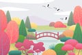 Nature Scene with Flying Cranes and Japanese Garden