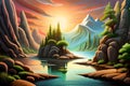 Nature scene with lake and mountains. Vector illustration of nature landscape, generative ai Royalty Free Stock Photo