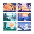 Nature Scene and Landscape View with Trees, Animals and Mountain Silhouette Vector Set Royalty Free Stock Photo