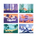 Nature Scene and Landscape View with Trees, Animals and Mountain Silhouette Vector Set Royalty Free Stock Photo