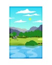 Nature scene with trees , blue sky ,hill, river. A beautiful lake landscape. Flat vector countryside cartoon style illustration of Royalty Free Stock Photo