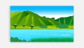 Nature scene with trees , blue sky ,hill, river. A beautiful lake landscape. Flat vector countryside cartoon style illustration of Royalty Free Stock Photo