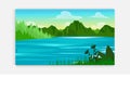 Nature scene with trees , blue sky ,hill, river. A beautiful lake landscape. Flat vector countryside cartoon style illustration of Royalty Free Stock Photo