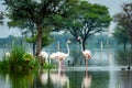 Nature scenery or natural painting by Greater flamingo flock or flamingos family during winter migration at Keoladeo National Park Royalty Free Stock Photo