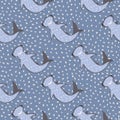 Nature seamless doodle pattern with blue cartoon hammerhead sharks. Animal print with blue dotted background