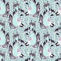 Nature seamless pattern background with cute forest baby fox fantasy spirit cub. Wild Kitsune with many tails and trees.