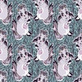 Nature seamless pattern background with cute forest baby fox fantasy spirit cub. Wild Kitsune with many tails and trees.