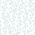 Nature seamless pattern with blue contours of twigs with leaves on white background