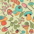 Nature seamless pattern with mushroom, ladybird, snail, flower a Royalty Free Stock Photo