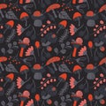 Nature seamless pattern with mushroom, ladybird, snail, flower a Royalty Free Stock Photo