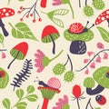 Nature seamless pattern with mushroom, ladybird, snail, flower a Royalty Free Stock Photo