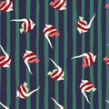 Nature seamless pattern with random decorative imperial angelfish print. Blue and green striped background