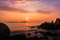 Nature Seascape with Boulders, Islands and Waves at Gorgeous Orange Sunrise