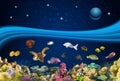 Nature seascape with underwater creatures and night starry sky over surface - coral and fish Royalty Free Stock Photo