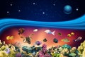 Nature seascape with underwater creatures and night starry sky over surface - coral and fish Royalty Free Stock Photo