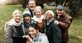 Nature, selfie and senior friends with woman while walking in outdoor garden for fresh air. Diversity, happy and group Royalty Free Stock Photo