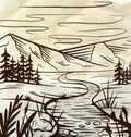 Nature sketch of a meadow with a river, mountains and firs on old paper. Tranquil peaceful wild landscape on parchment. Vector ink