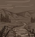 Nature sketch of a meadow with a river, mountains and firs in sepia on brown background. Tranquil peaceful wild landscape. Vector