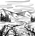 Nature sketch of a meadow with a river, mountains and firs. Tranquil peaceful wild landscape. Vector ink scribble element