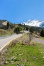 Nature: snow, road, mountains in gorge in Kazakhstan, Medeo