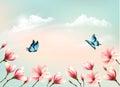 Nature spring background with a pink magnolia branches on blue sky Royalty Free Stock Photo